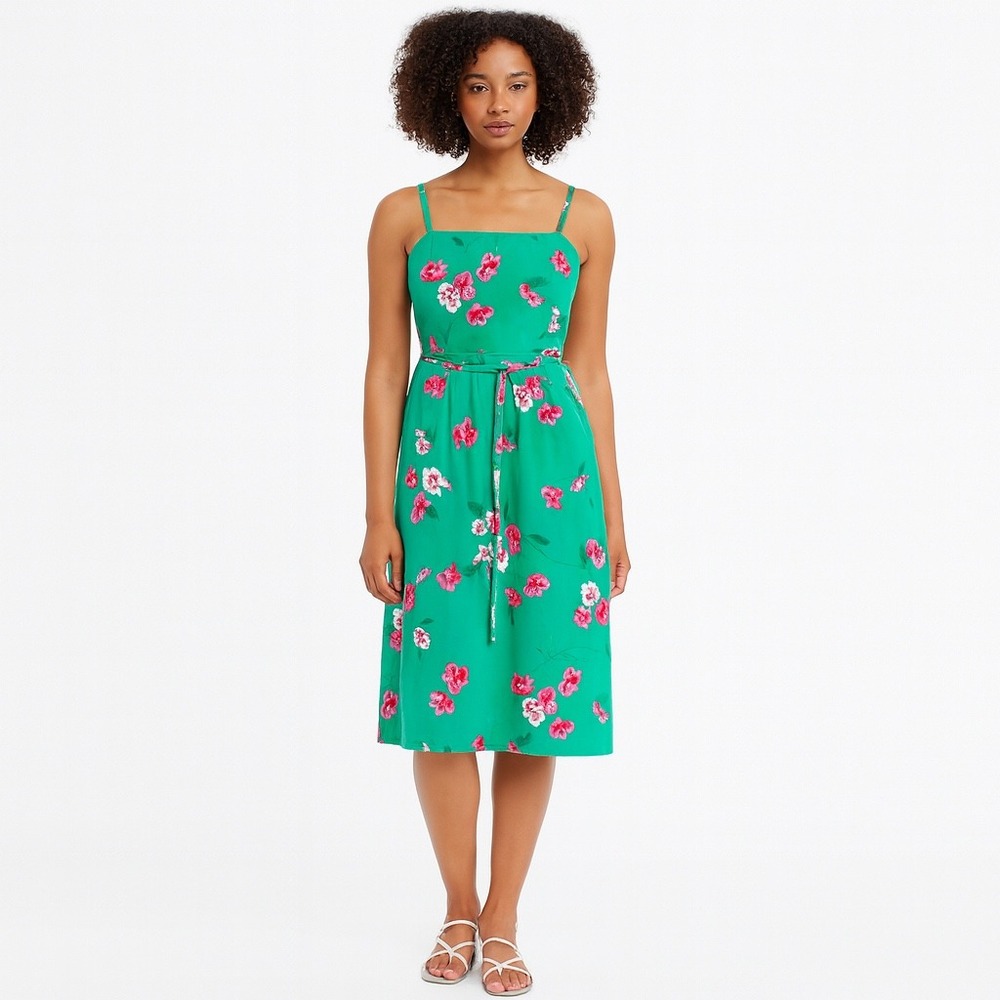 Vintage Malia Honolulu Hawaiian Floral Tropical Midi Dress Tie Belt Green Size 8
